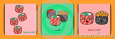 Three illustrations of kawaii sushi Vector Illustration